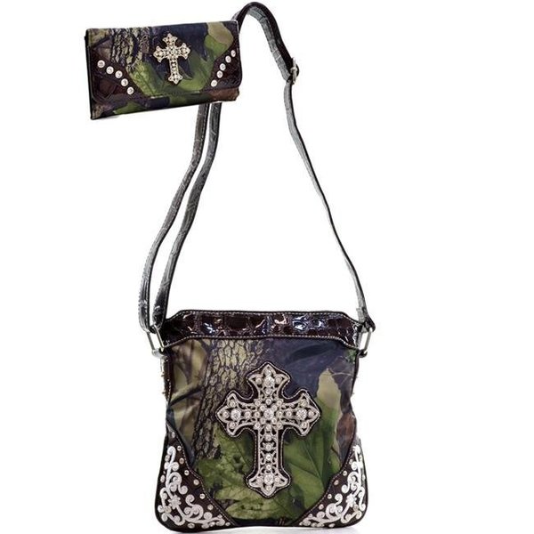 Gold Rush Gold Rush MG21WC106SET-GN - CAM Rhinestone Cross Embroidery Messenger Bag with Matching Wallet - Green & Cam MG21WC106SET-GN/CAM